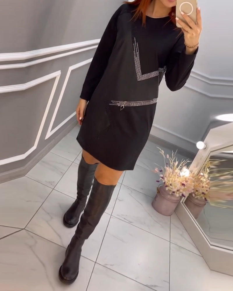 A-lijn Jurk - Eenvoudig - Katoenmix met Kleurenblokken - Perfect voor Herfst en Winter