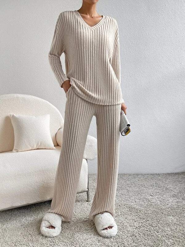 Lounge Set Geribbeld Zacht Materiaal, Losse Pasvorm Perfect voor Thuis