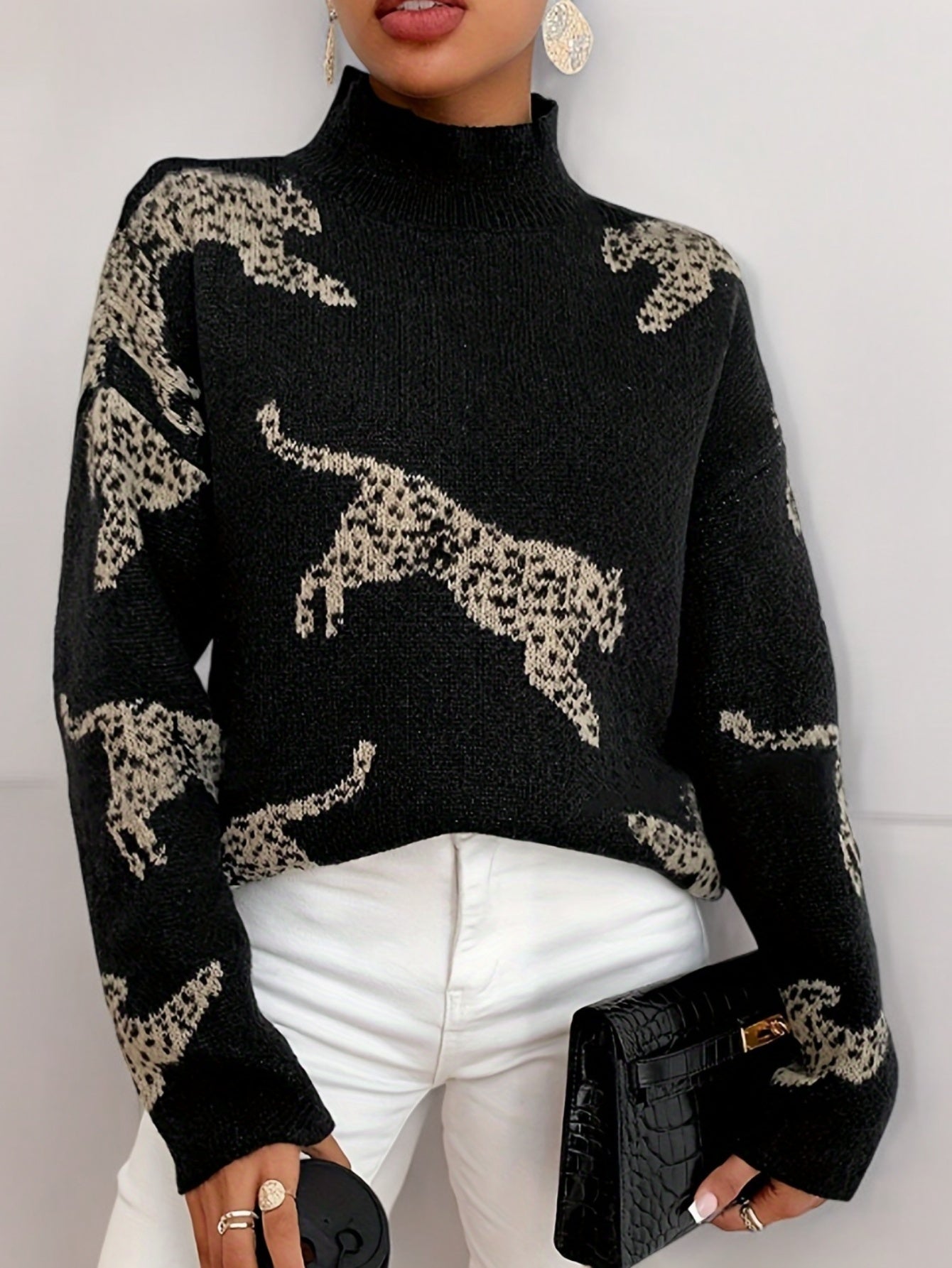 Luipaardpatroon coltrui Dames | elegant lange mouwen herfst en winter
