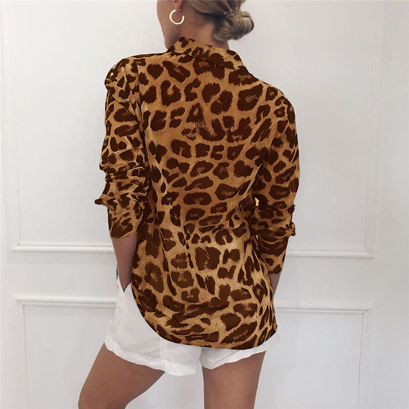 Kassie - Classy lange mouw blouse met luipaardprint Kraag omslaan