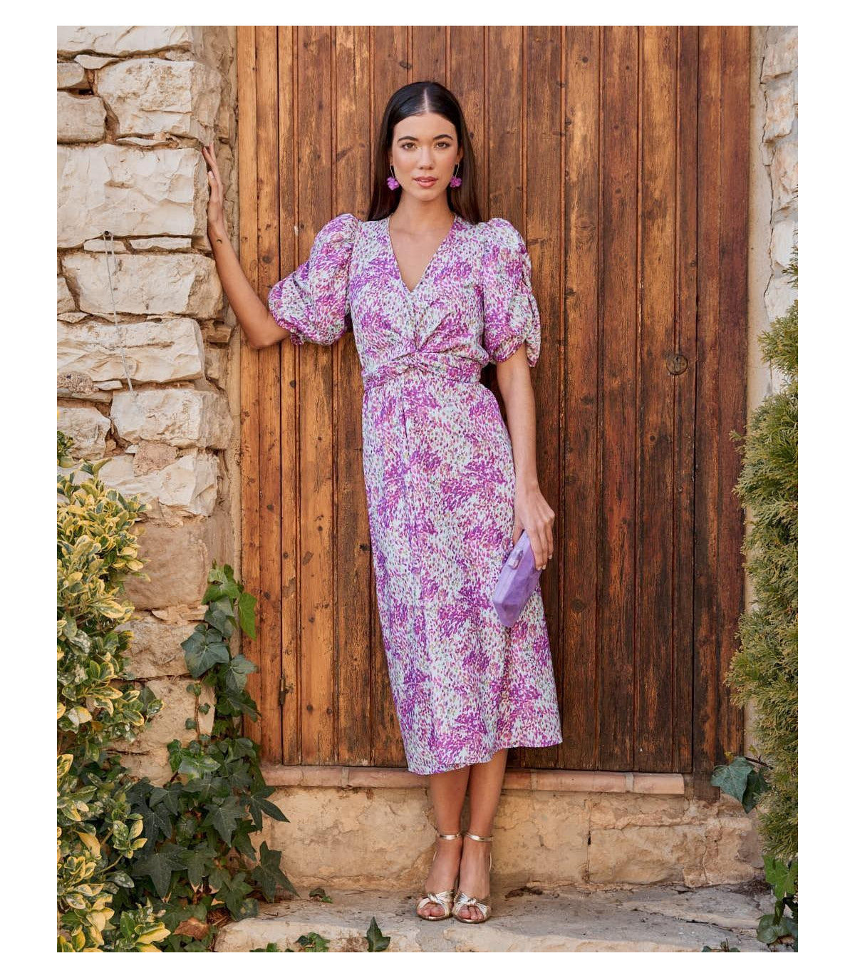 Midi-jurk met pofmouwtjes en elegante bloemenprint