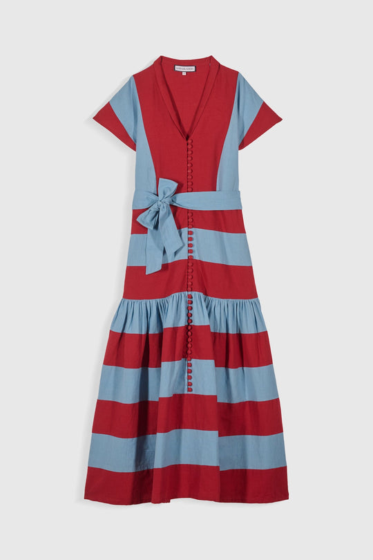 Lange jurk met knopen en strik voor een moderne, ontspannen look