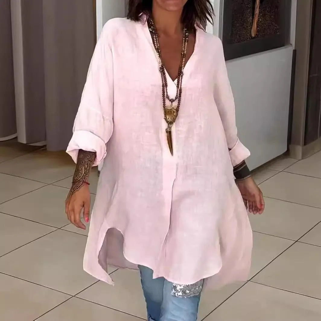 Zomershirt Casual KatoenLinnenmix met Vhals Perfect voor Zomerse Avonden