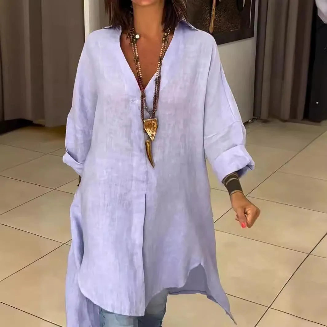 Zomershirt Casual KatoenLinnenmix met Vhals Perfect voor Zomerse Avonden