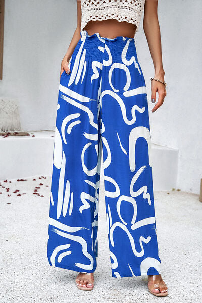 Bedrukte wijde broek met smok en zakken