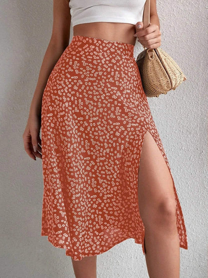 Midi-Rok - Bloemenprint - Hoge Taille, Elegante Split, Luchtige Stof - Perfect voor Zomerse Dagen