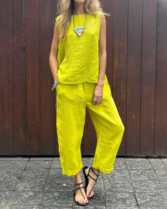 Effen Mouwloos Vest & Broek Katoen Linnen Tweedelige Set