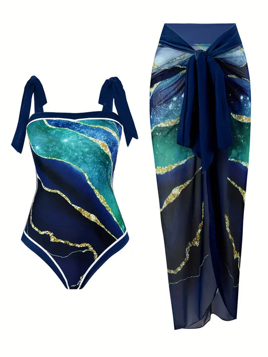 Elegant zwempak & rok met marmerprint in één stuk