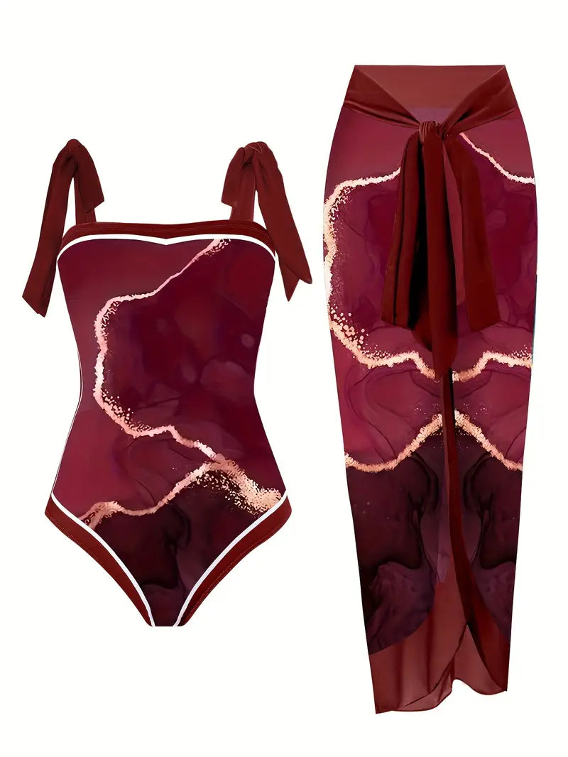 Elegant zwempak & rok met marmerprint in één stuk