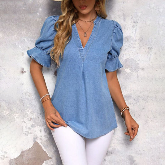 Populaire blauwe effen denim top