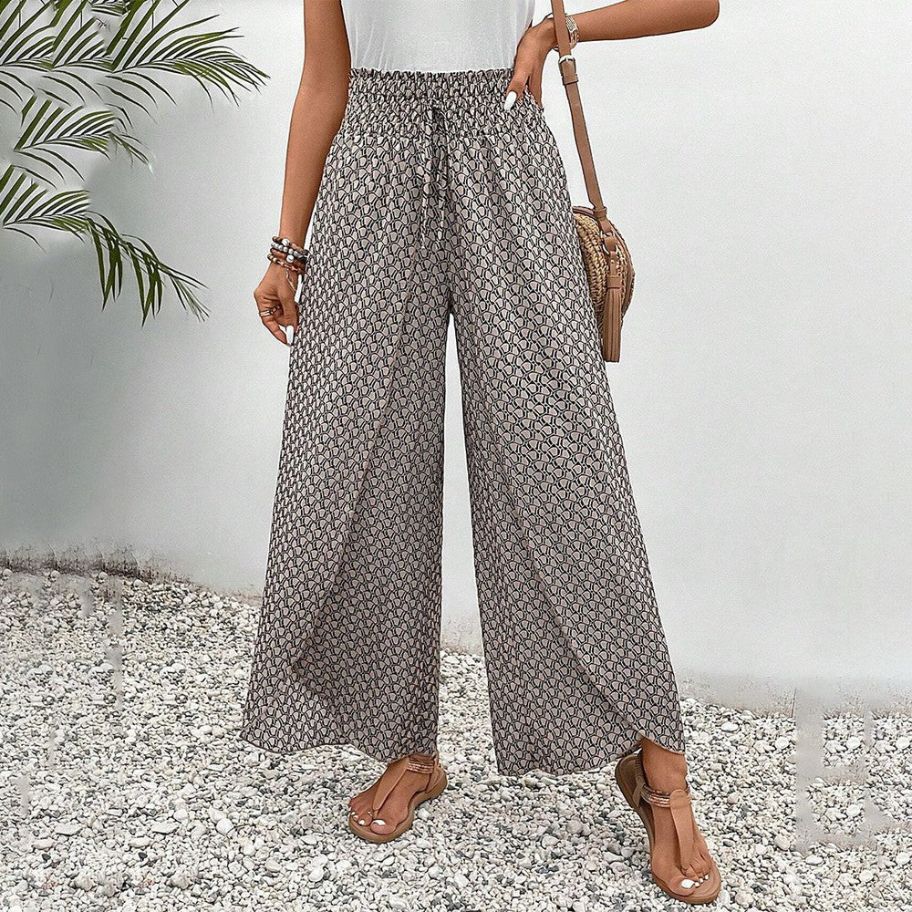 broek met bruine print en elastiek in de taille