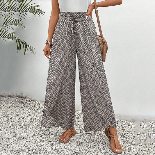 broek met bruine print en elastiek in de taille