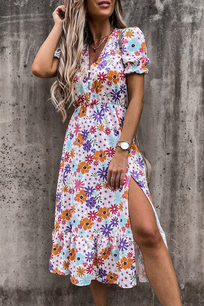 Lange jurk met bloemenprint en V-hals