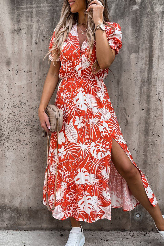 Lange jurk met bloemenprint en V-hals