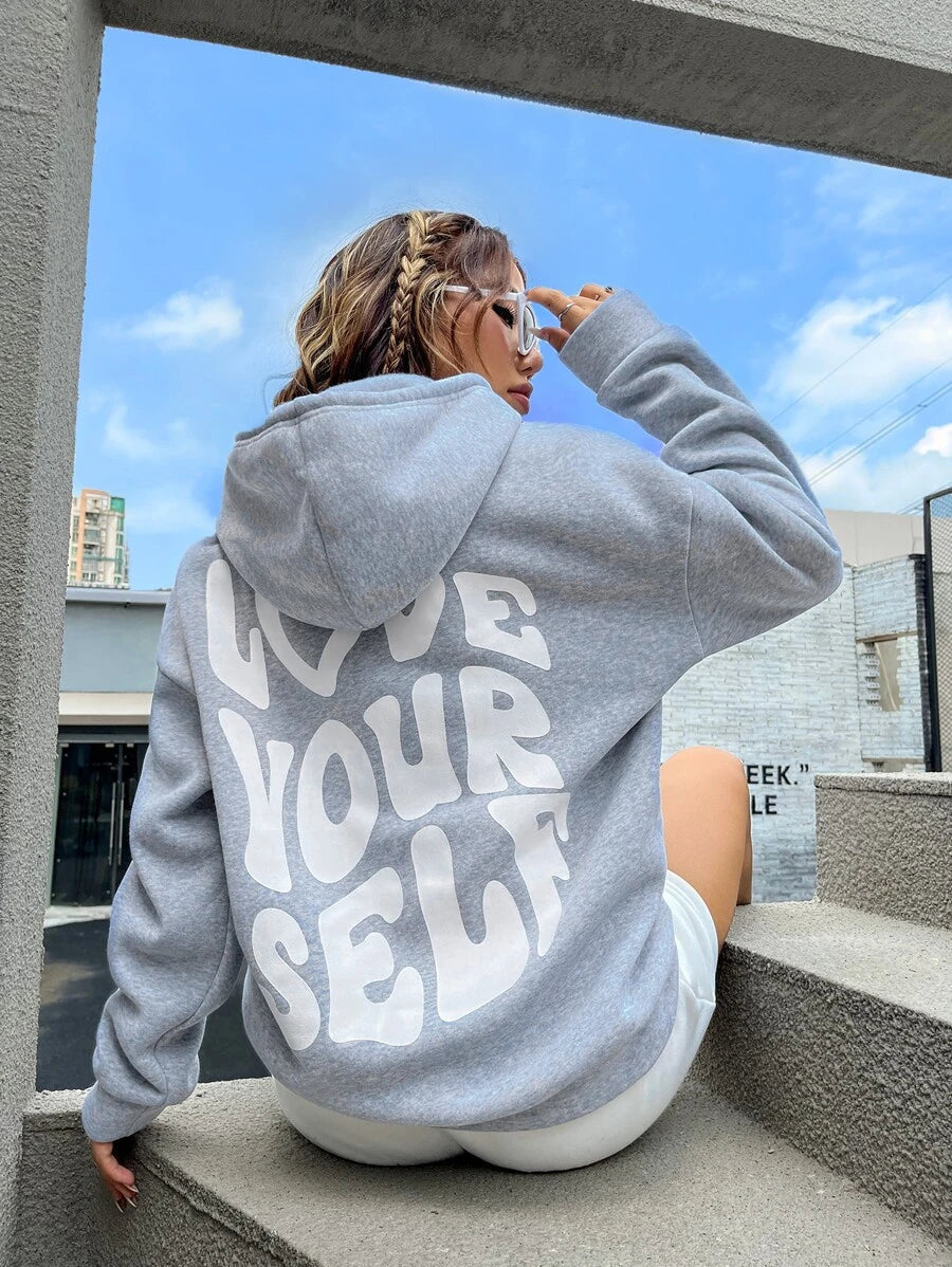 Sharon | Casual oversized hoodie met Love Yourself rugprint - ideaal voor herfst/winter