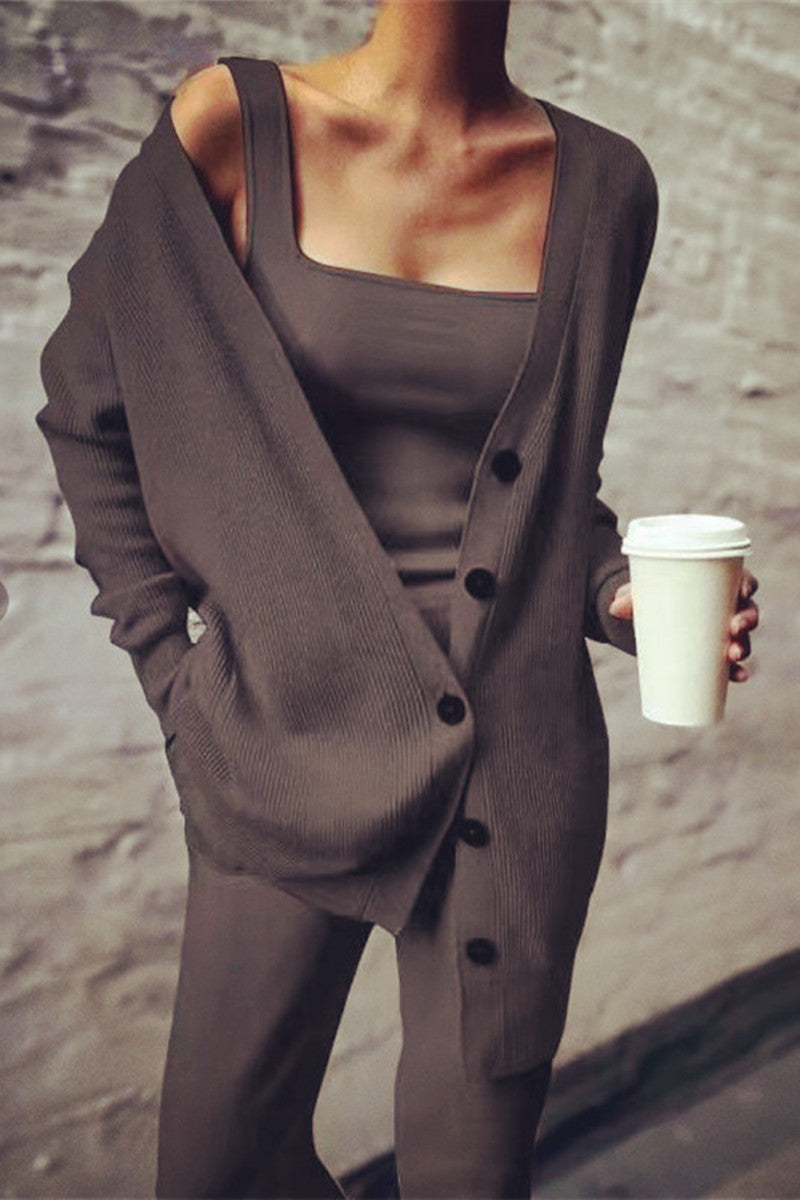 Casual Solid Cardigan Vest Broek Vierkante Kraag Lange Mouwen Driedelige Set (3 Kleuren)