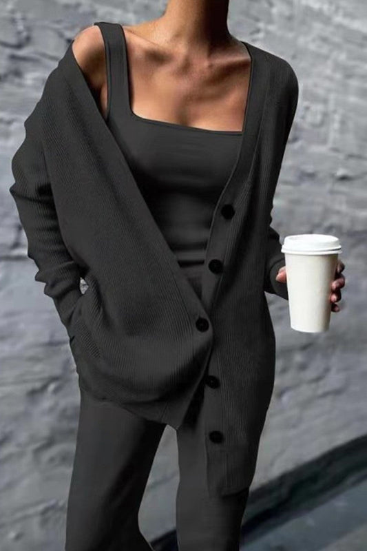 Casual Solid Cardigan Vest Broek Vierkante Kraag Lange Mouwen Driedelige Set (3 Kleuren)
