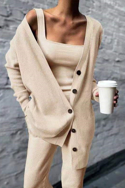 Casual Solid Cardigan Vest Broek Vierkante Kraag Lange Mouwen Driedelige Set (3 Kleuren)