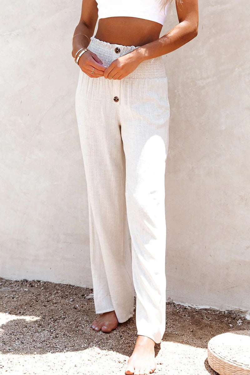 Casual vakantie solide knopen Loose High Waist broekje met brede pijp in effen kleur (6 kleuren)