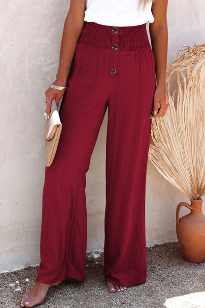 Casual vakantie solide knopen Loose High Waist broekje met brede pijp in effen kleur (6 kleuren)