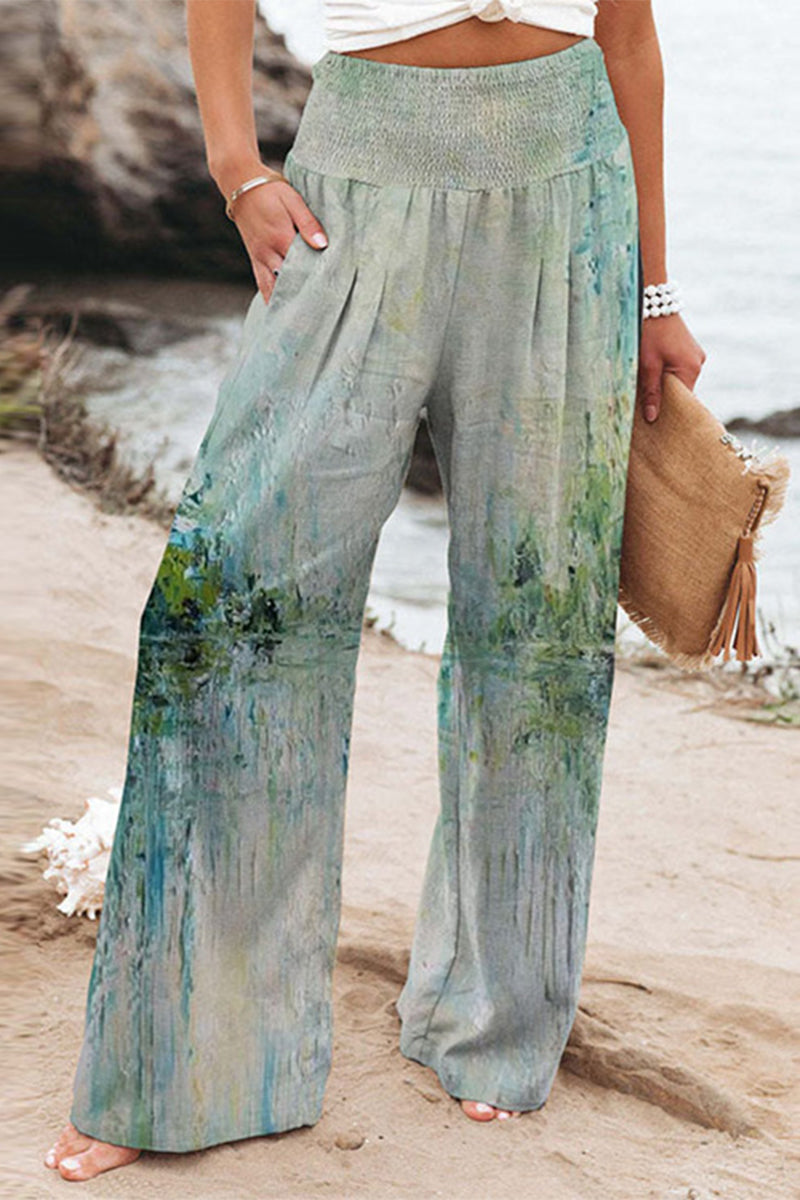 Casual Vakantie Print Patchwork Losse Hoge Taille Wijde Pijp Positie Broekje