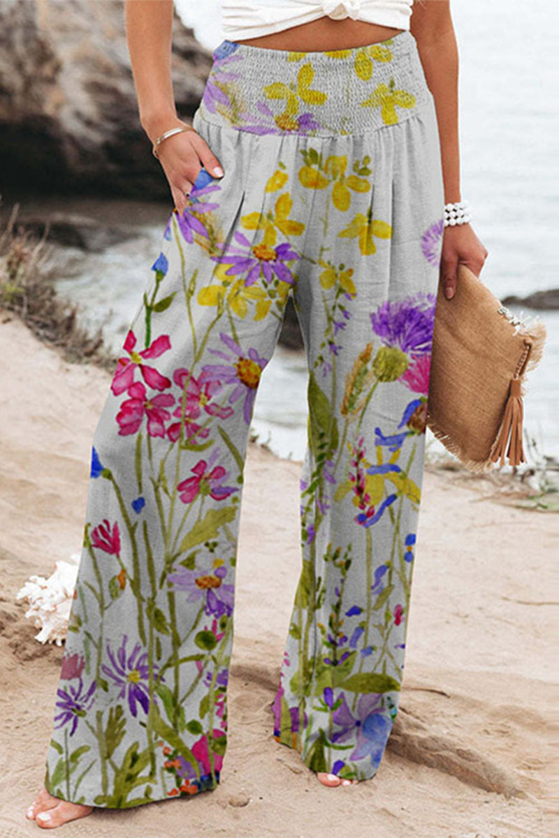 Casual Vakantie Print Patchwork Losse Hoge Taille Wijde Pijp Positie Broekje