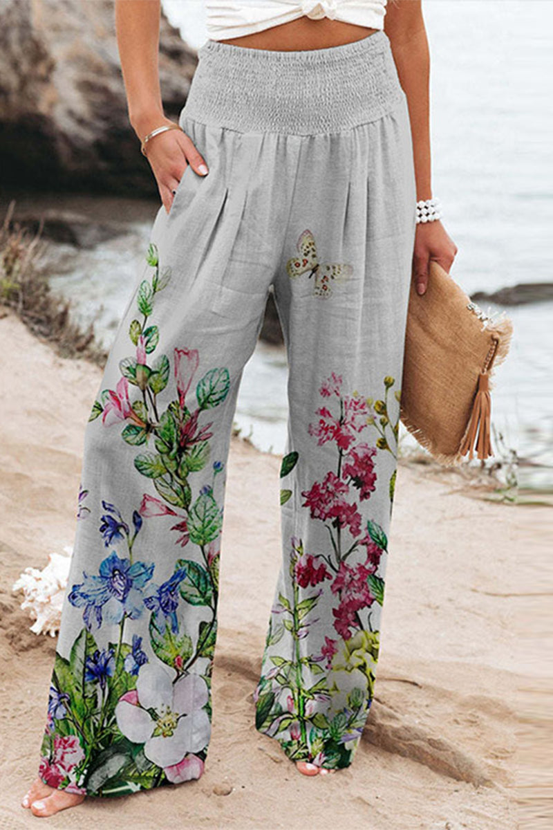Casual Vakantie Print Patchwork Losse Hoge Taille Wijde Pijp Positie Broekje
