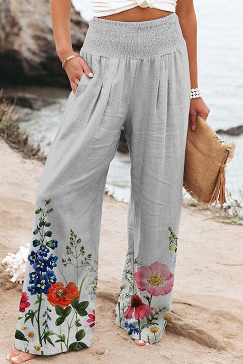 Casual Vakantie Print Patchwork Losse Hoge Taille Wijde Pijp Positie Broekje