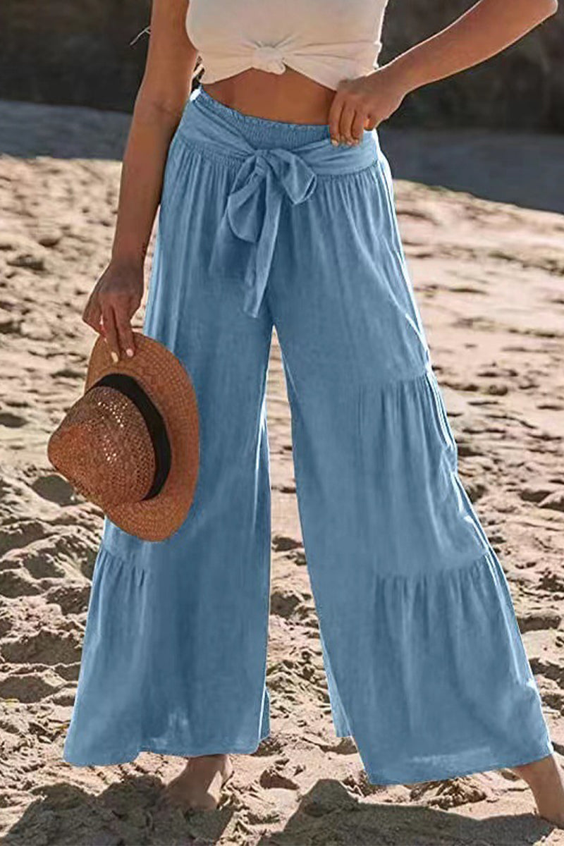 Casual Vakantie Effen Bandage Plooien Los Hoge Taille Wijde Pijp Effen Kleur Broekje