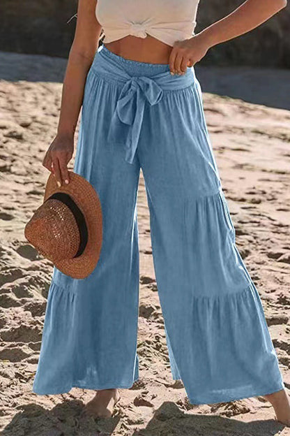 Casual Vakantie Effen Bandage Plooien Los Hoge Taille Wijde Pijp Effen Kleur Broekje
