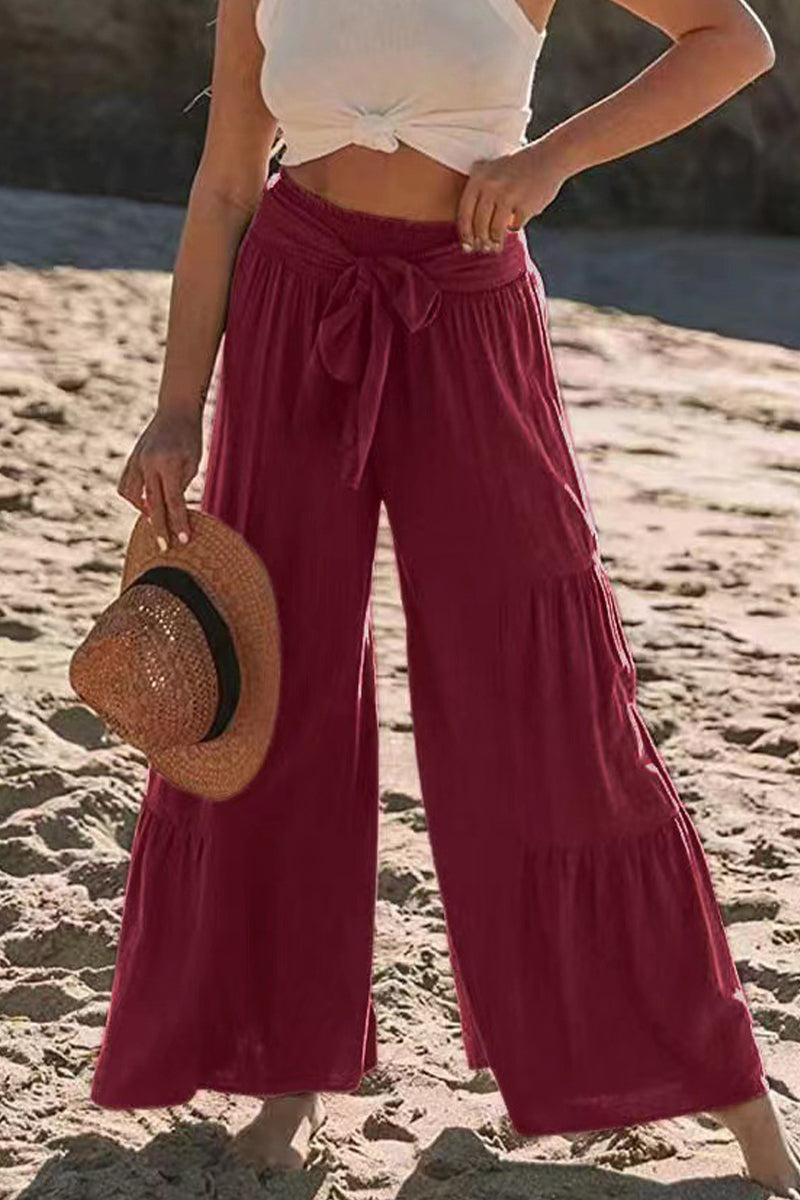 Casual Vakantie Effen Bandage Plooien Los Hoge Taille Wijde Pijp Effen Kleur Broekje