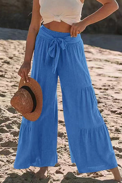 Casual Vakantie Effen Bandage Plooien Los Hoge Taille Wijde Pijp Effen Kleur Broekje