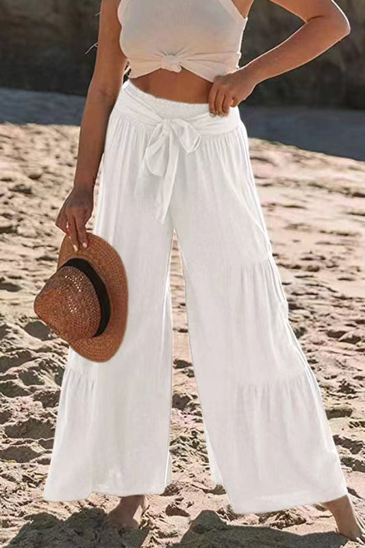 Casual Vakantie Effen Bandage Plooien Los Hoge Taille Wijde Pijp Effen Kleur Broekje