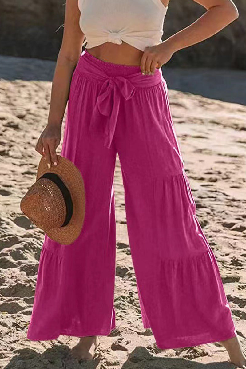 Casual Vakantie Effen Bandage Plooien Los Hoge Taille Wijde Pijp Effen Kleur Broekje