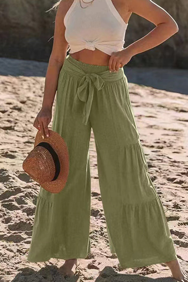 Casual Vakantie Effen Bandage Plooien Los Hoge Taille Wijde Pijp Effen Kleur Broekje