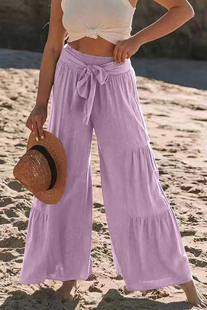 Casual Vakantie Effen Bandage Plooien Los Hoge Taille Wijde Pijp Effen Kleur Broekje