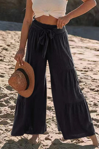 Casual Vakantie Effen Bandage Plooien Los Hoge Taille Wijde Pijp Effen Kleur Broekje