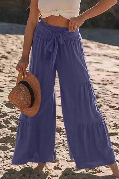 Casual Vakantie Effen Bandage Plooien Los Hoge Taille Wijde Pijp Effen Kleur Broekje