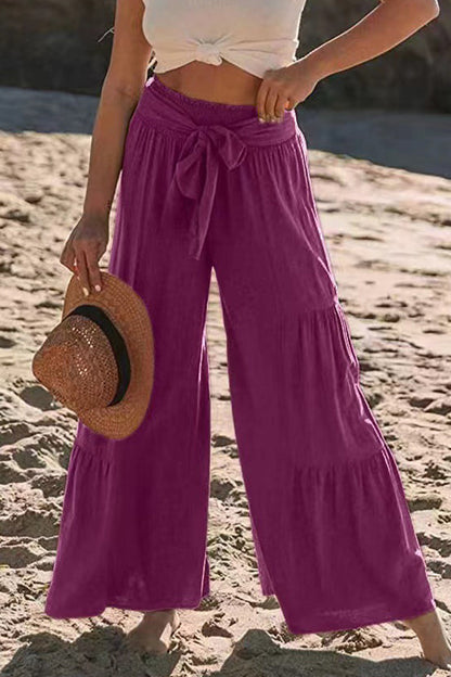 Casual Vakantie Effen Bandage Plooien Los Hoge Taille Wijde Pijp Effen Kleur Broekje