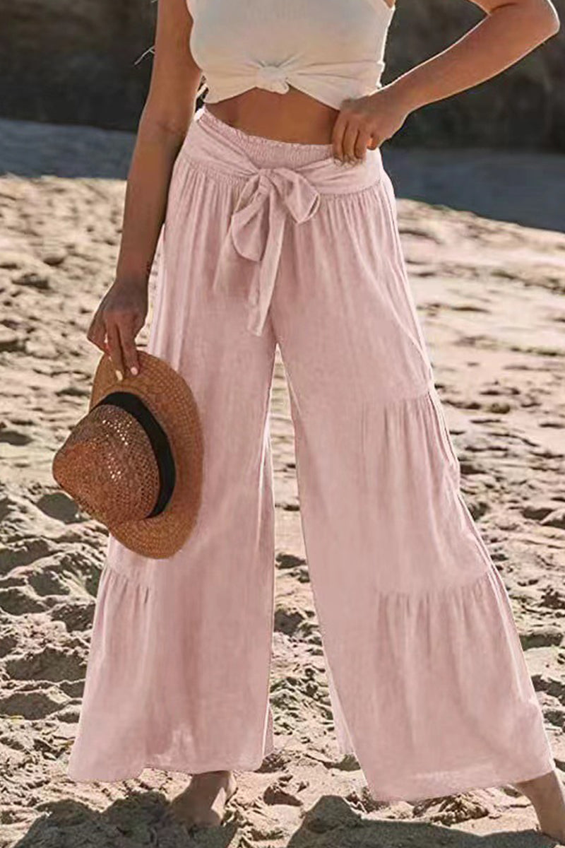 Casual Vakantie Effen Bandage Plooien Los Hoge Taille Wijde Pijp Effen Kleur Broekje