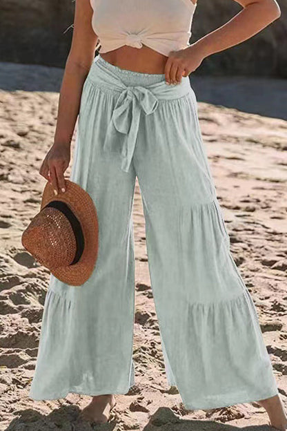 Casual Vakantie Effen Bandage Plooien Los Hoge Taille Wijde Pijp Effen Kleur Broekje