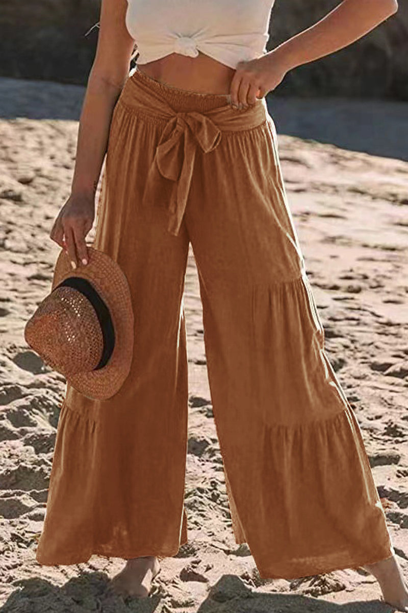 Casual Vakantie Effen Bandage Plooien Los Hoge Taille Wijde Pijp Effen Kleur Broekje