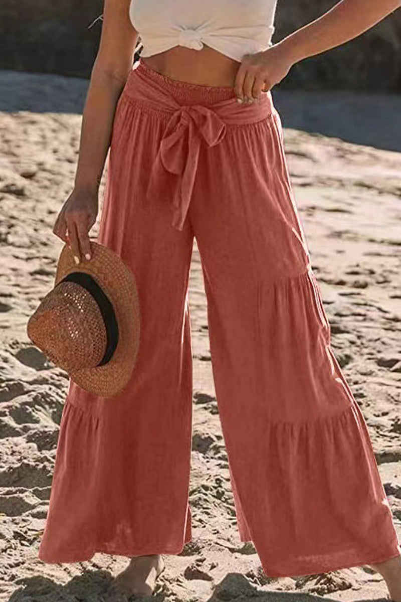 Casual Vakantie Effen Bandage Plooien Los Hoge Taille Wijde Pijp Effen Kleur Broekje