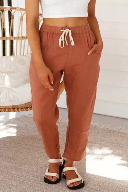 Casual Eenvoud Solid Bag Frenulum Loose Hoge Taille Rechte effen kleur broekjes (5 kleuren)
