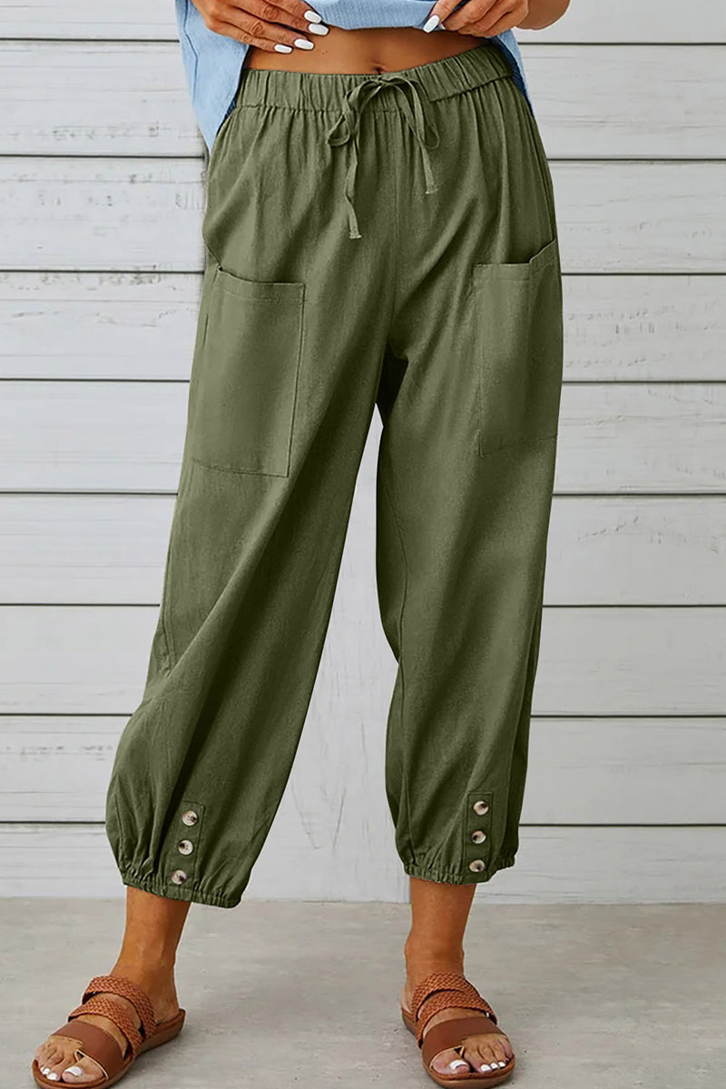 Casual Solid Pocket Loose Hoge Taille Brede Pijp Effen Kleur Broekje (10 Kleuren)