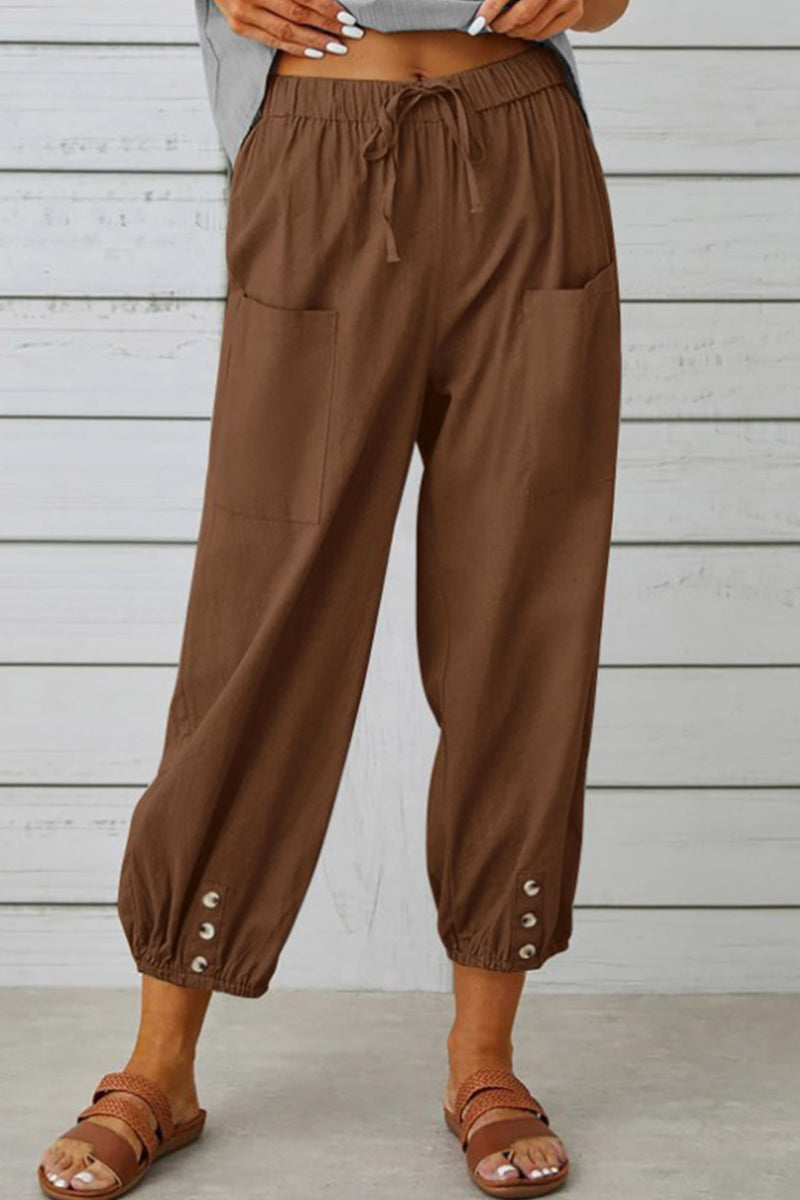 Casual Solid Pocket Loose Hoge Taille Brede Pijp Effen Kleur Broekje (10 Kleuren)