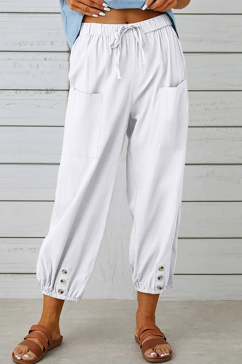 Casual Solid Pocket Loose Hoge Taille Brede Pijp Effen Kleur Broekje (10 Kleuren)