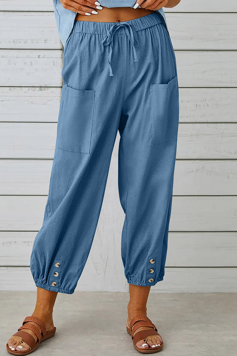 Casual Solid Pocket Loose Hoge Taille Brede Pijp Effen Kleur Broekje (10 Kleuren)