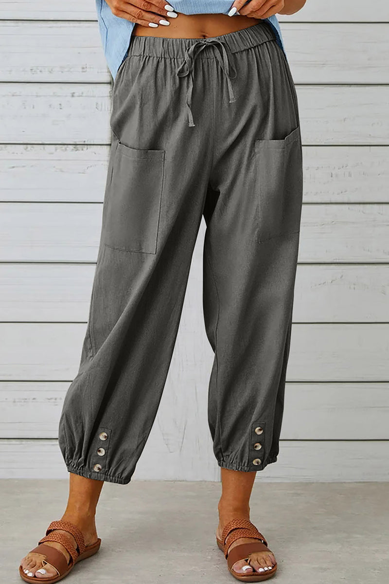 Casual Solid Pocket Loose Hoge Taille Brede Pijp Effen Kleur Broekje (10 Kleuren)