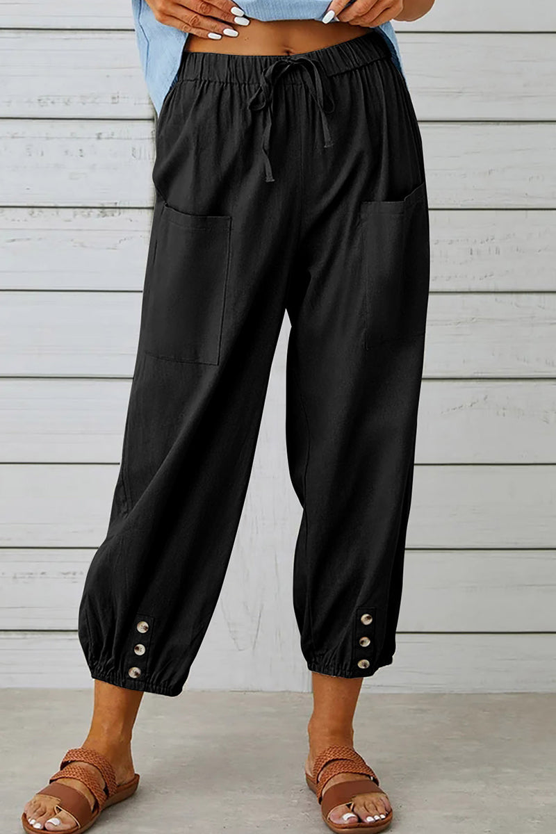 Casual Solid Pocket Loose Hoge Taille Brede Pijp Effen Kleur Broekje (10 Kleuren)